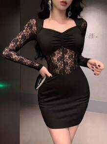 DAZY Sheer Lace Patchwork Fitted Waist Mini Black Dress For Women,Fall Dress Long Sleeve Dress