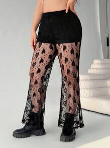 SHEIN EZwear Damen Große Größen Schwarze herzförmige sexy Spitzen-Hose - Schwarz - Übersicht 4