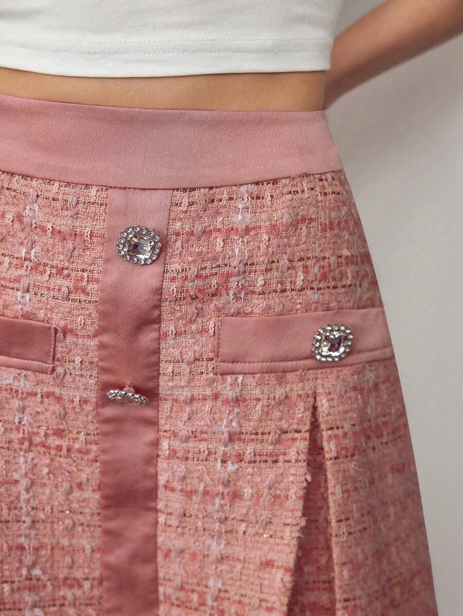 MOTF STUDIO TWEED BUTTON DECOR SKIRT,SPRING/SUMMER - Pink - View 2