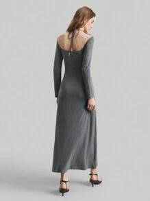 Ontre Women's Long Sleeve Halterneck Draped Long Dress, Elegant Pleated Fitted Dress - Grey - View 5