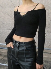 DAZY Camiseta corta de estilo callejero con tirantes, ajustada y de manga corta para mujer, tops de manga larga para mujer - Negro - Ver 1