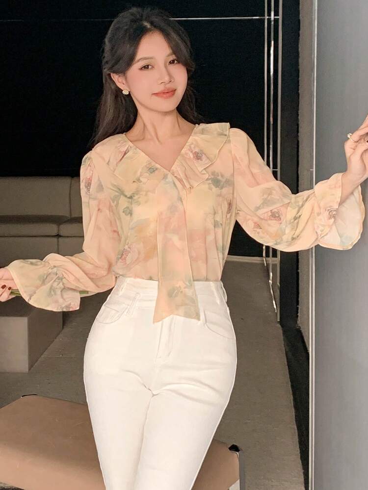 Women's Floral Print Criss-Cross Tie Front Flare Sleeve Blouse,Ruffle Long Sleeve Top