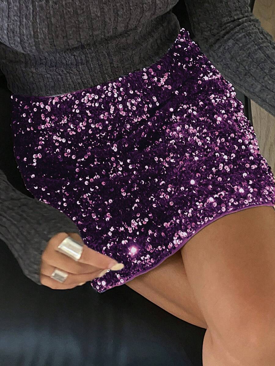 DAZY 亮片装饰迷你裙，适合情人节、中国新年派对和春季穿着，Y2K风格舞会裙，秋季冬季女装嘉年华裙装 - 紫色 - 查看 1