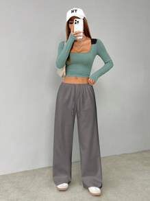 SHEIN VCAY 大码女式纯色抽绳腰直筒休闲裤 - 灰色 - 查看 3