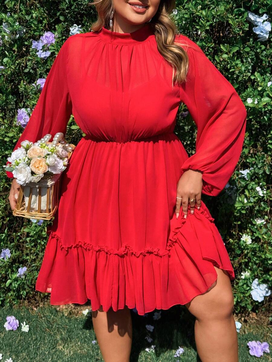 Flirla Robe élégante à col montant, manches longues, taille froncée, ourlet en forme de A, transparente - Rouge - Voir 1