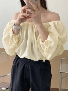 DAZY 女士短款方领长袖休闲宽松衬衫 - 黃色 - 查看 3