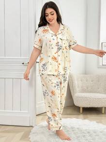 CottageSlumber Bộ đồ ngủ áo và quần in họa tiết hoa cỡ lớn cho nữ cổ ve áo viền tương phản có túi - Màu be - Xem 6