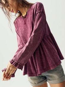 Bohemela 休闲纯色针织圆领落肩长袖宽松腰部褶皱设计女士运动衫 - 紅色 - 查看 5