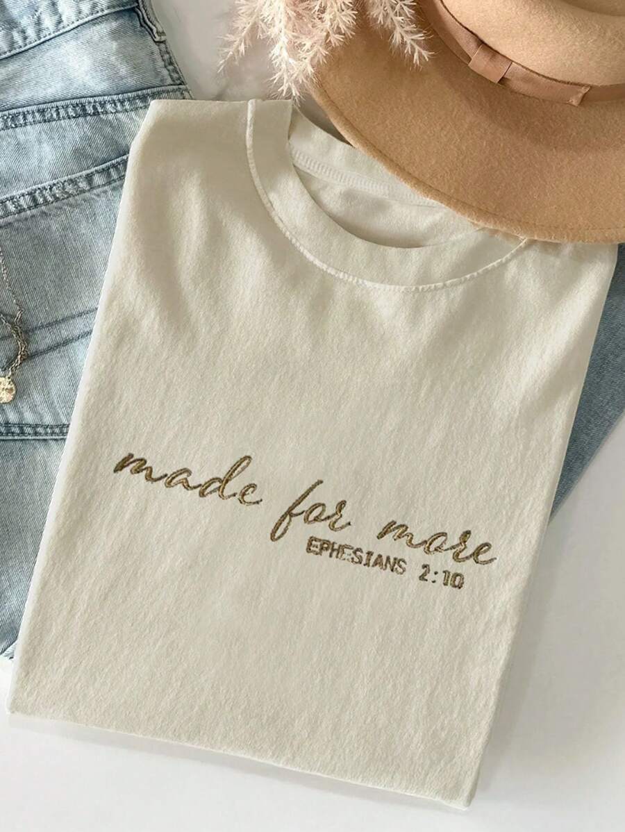 INAWLY Felpa con scollo a girocollo da donna taglia comoda con ricamo "Fatta per di più", con versetto biblico Efesini 2:10, abbigliamento ispiratore basato sulla fede, moda attuale, maglietta estetica, regalo per sorelle - Cachi - Visualizzare 1