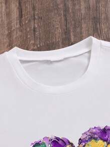 Tween Girl Heart Print Crew Neck Short Sleeve T-Shirt, Suitable For Carnival