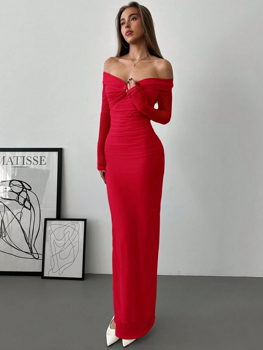 Aloruh Vestido romántico para mujer con hombros descubiertos, manga larga, malla trenzada y fruncido - Rojo - Ver 1