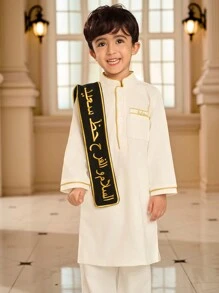 SHEIN Young Boy Embroidered Design Pocket Long Sleeve Button Half Placket Shirt - Black - View 7