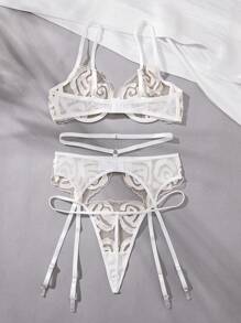 Set de 3 piezas de lencería vintage romántica y sexy con bordados para mujer de boda - Blanco - Ver 2