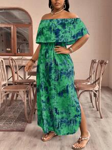 SHEIN VCAY Rochie de vacanță cu umăr dezactivat cu volane, cu imprimeu Boho Tie Dye, de mărime Plus, pentru vară - Verde - Vizualizare 6