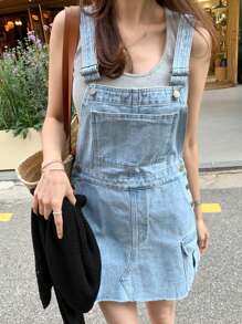 DAZY 女式轻薄洗口袋吊带牛仔连衣裙，春夏秋季太阳裙 - 淺藍色 - 查看 7
