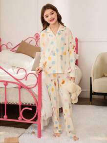 青少年女孩卡通印花长袖纽扣上衣和裤子睡衣套装 - 彩色 - 查看 3