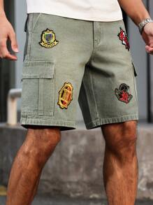 Manfinity LEGND 男士简约纽扣前口袋休闲牛仔短裤，日常穿着 - 綠色 - 查看 4