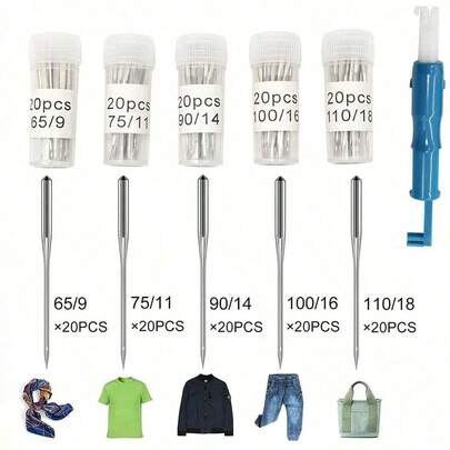 100 piezas Agujas universales para máquina de coser de acero inoxidable, compatibles con Singer, Brother, Janome, Varmax, Tallas: HAX1 65/9, 75/11, 90/14, 100/16, 110/18