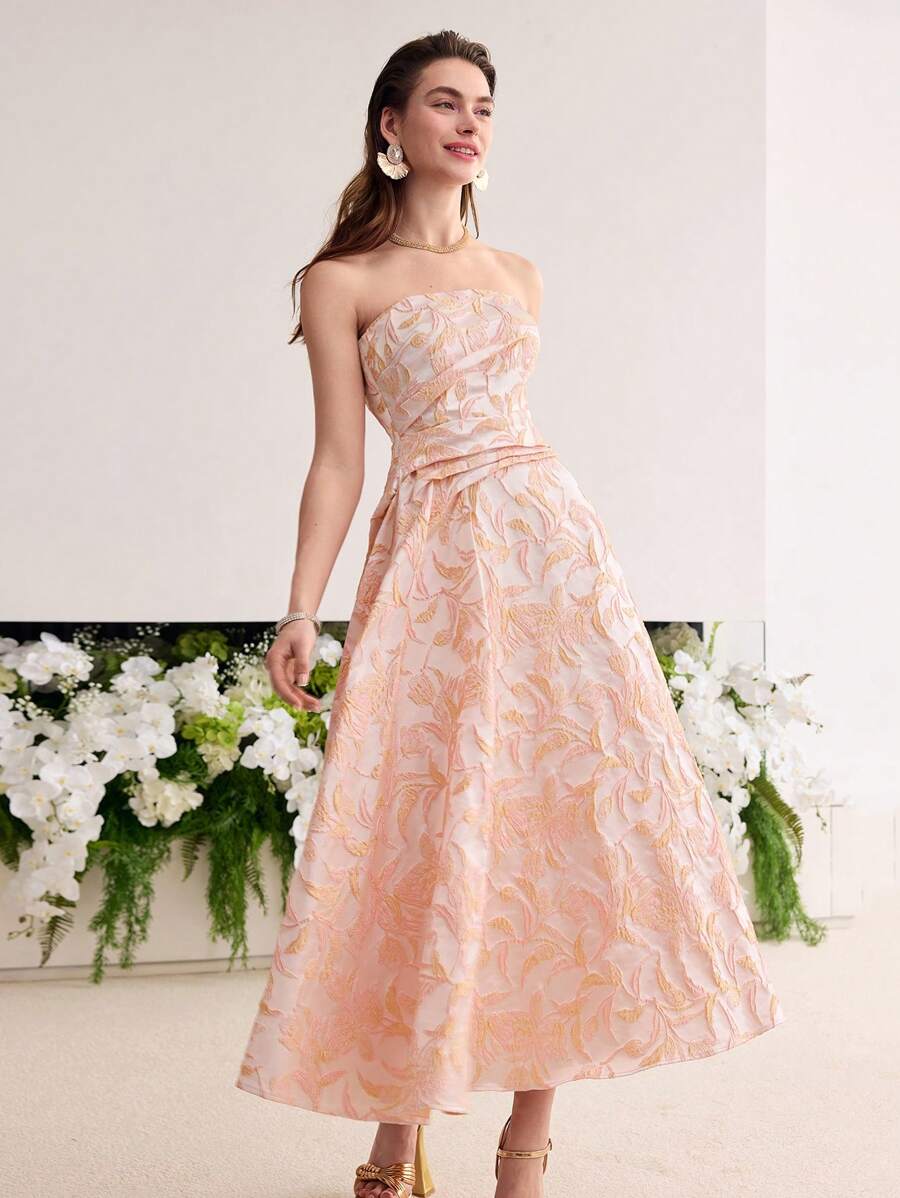 MOTF Soiréza 女士提花褶饰 A 字形抹胸鸡尾酒会连衣裙 - 珊瑚粉 - 查看 1