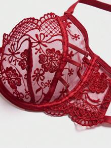 SHEIN 2 Peças Conjunto de Lingerie Vintage Romântico Bordado Borgonha para Mulheres, Sexy - Vinho - Visão 5