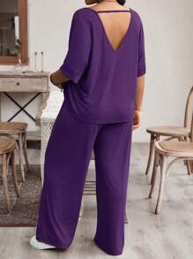 EMERY ROSE 2 Piezas del conjunto de talla grande con parte superior y pantalones de unicolor, uso casual de todos los días simple y de moda