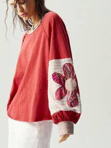 Bohemela BOHO Women's Casual Solid Color Knit Patchwork Lantern Sleeve Colorful Floral Embroidery Round Neck Loose T-Shirt - Pink - View 2
