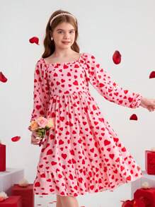 Valentine's Day Tween Girls Heart & Polka Dot Print Long Sleeve A-Line Dress, Two-Way Neckline, Spring/Summer - Red - View 1