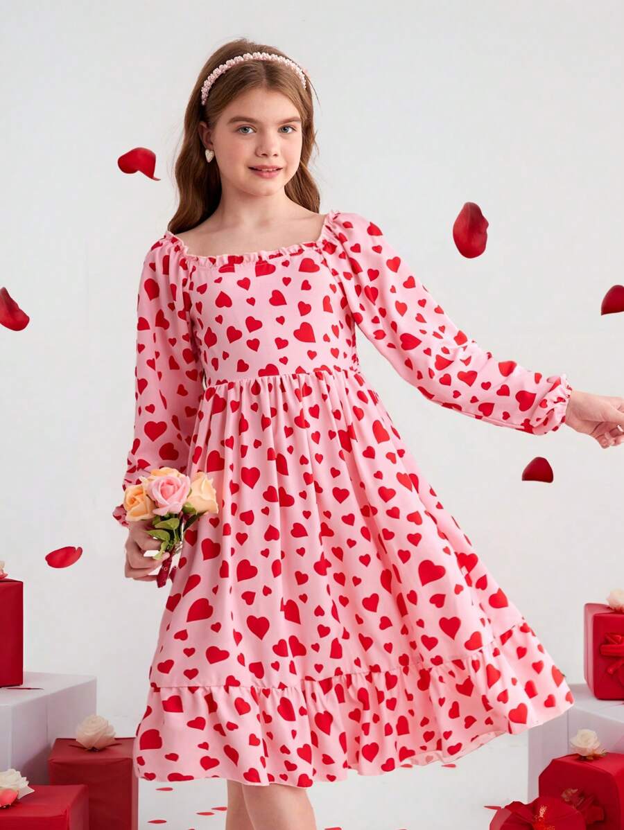 Valentine's Day Tween Girls Heart & Polka Dot Print Long Sleeve A-Line Dress, Two-Way Neckline, Spring/Summer - Red - View 1