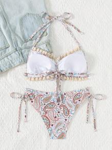 Random Paisley Print Halter Lace Trim Drawstring + Drawstring Bowknot Triangle Bottom 2pcs Women Swimwear Set, Beach Outfits For Summer Beach Vacation