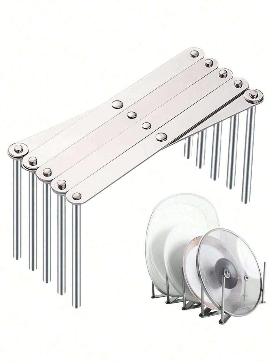 1 pieza Estante lateral de acero inoxidable para ollas y tapas de cocina, estante telescópico plegable para almacenamiento y rejilla