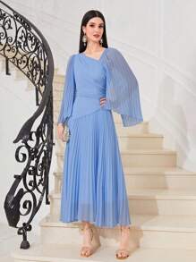 Modelyn Abito lungo elegante da donna, con maniche lunghe, collo asimmetrico e pieghe, in colore unito