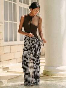 SHEIN Swim Mulvari Đồ bơi một mảnh cổ chữ V có khóa kéo thoải mái cho nữ - màu nâu - Xem 7