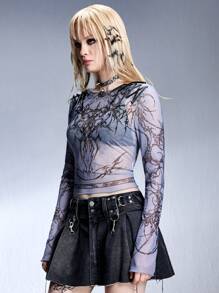 ROMWE Grunge Punk Y3K Cybersigilism Print Mesh Sheer Skinny Top - Multicolor - View 5