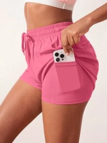 SHEIN Sports 女士纯色前系带简约运动短裤，休闲度假毛衣短裤