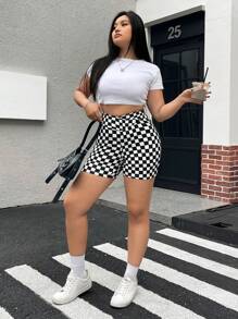 Muchica Plus Size Gym Women Clothes,Checkered Pants,Black & White Plaid Print Slim Fit Leggings, Casual For Vacation,Spring Summer Clothes - Multicolor - View 6