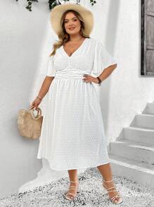 SHEIN CURVE+ Plus Size Women's Elegant Holiday Textured Polka Dot Butterfly Sleeve White Dress Boho Vacation - White - View 7