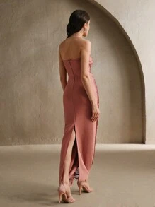 SHEIN X Scheana Anewsta Vestido de cinabrio elegante con flecos colgantes, vestido formal largo de ajuste ceñido para fiestas de lujo por la noche, moda y gracia - Café integral - Ver 3