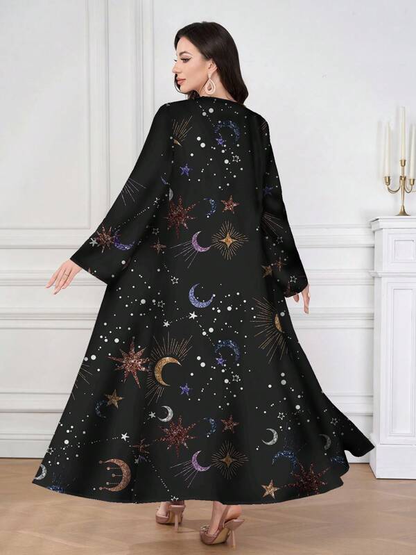 Al Najma Túnica de manga larga informal tipo abaya con detalles gráficos minimalistas, abayas, modesta