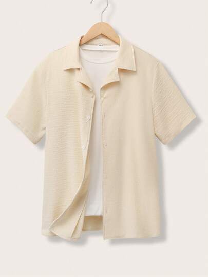 SHEIN Teen Boy Loose, Casual, Versatile, Solid Color Short Sleeved Shirt With Textured Texture, Suitable For Spring And Summer Seasons, Suitable For Sports, Outings, Home Vacations, And Dressing