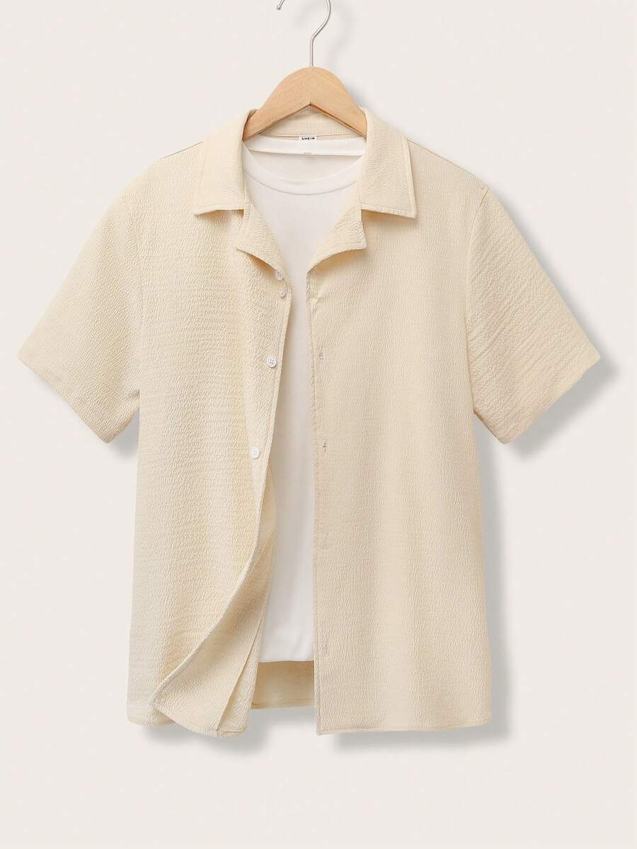 SHEIN Teen Boy Loose, Casual, Versatile, Solid Color Short Sleeved Shirt With Textured Texture, Suitable For Spring And Summer Seasons, Suitable For Sports, Outings, Home Vacations, And Dressing - White - View 1