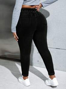SHEIN ICON Celana Jeans Ukuran Besar Warna Polos dengan Saku, Model Sederhana, untuk Pakaian Kasual Sehari-hari - Hitam - View 2