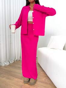 EURMUSE Polo Neck Cardigan Skirt Rib Pattern Knitwear Set - Hot Pink - View 4