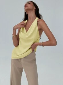 Aloruh Minimalist Halter Chic Draped Neck Fitted Color Block Women Tank Top - Yellow - View 5
