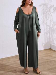 Breezaya Mono ancho con pliegues de unicolor talla grande, mono con hombros descubiertos y mangas acampanadas, ropa de talla grande para mujer