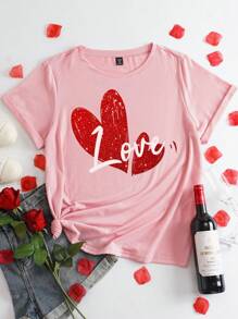 SHEIN LUNE 大码女式爱情字母和心形印花圆领短袖休闲上衣，适合情人节礼物 - 白色 - 查看 1