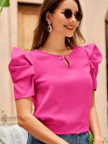 SHEIN Clasi Women's Solid Color Round Neck Short Puff Sleeve Casual Blouse - Hot Pink - View 1