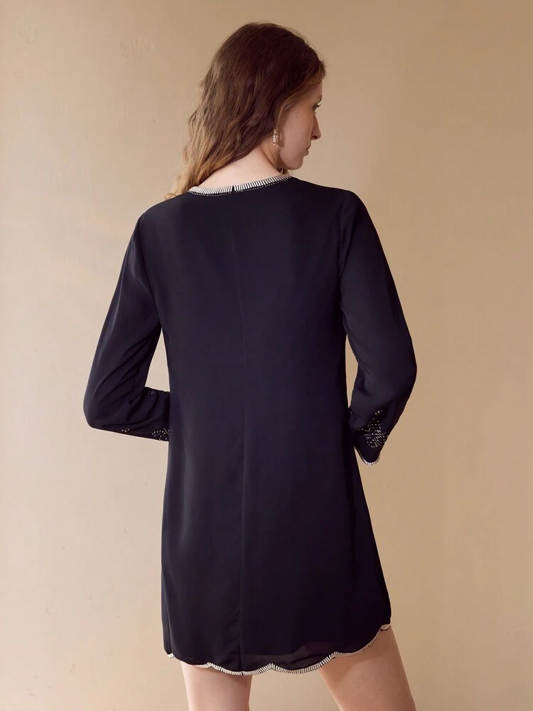 RHINESTONE PATTERN SCALLOP HEM DRESS