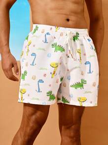 Surfspeed Men's Cartoon Dinosaur Print Drawstring Waist Casual Beach Shorts