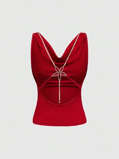 Kawaii Canotta da donna vintage romantica per San Valentino, con scollo drappeggiato sexy minimale, decorazione schiena traforata