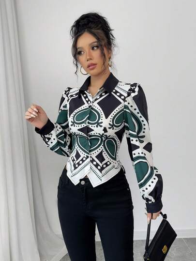 Chiquease Blusa abotonada con cintura ceñida y bajo asimétrico estampada, ropa de oficina para mujer